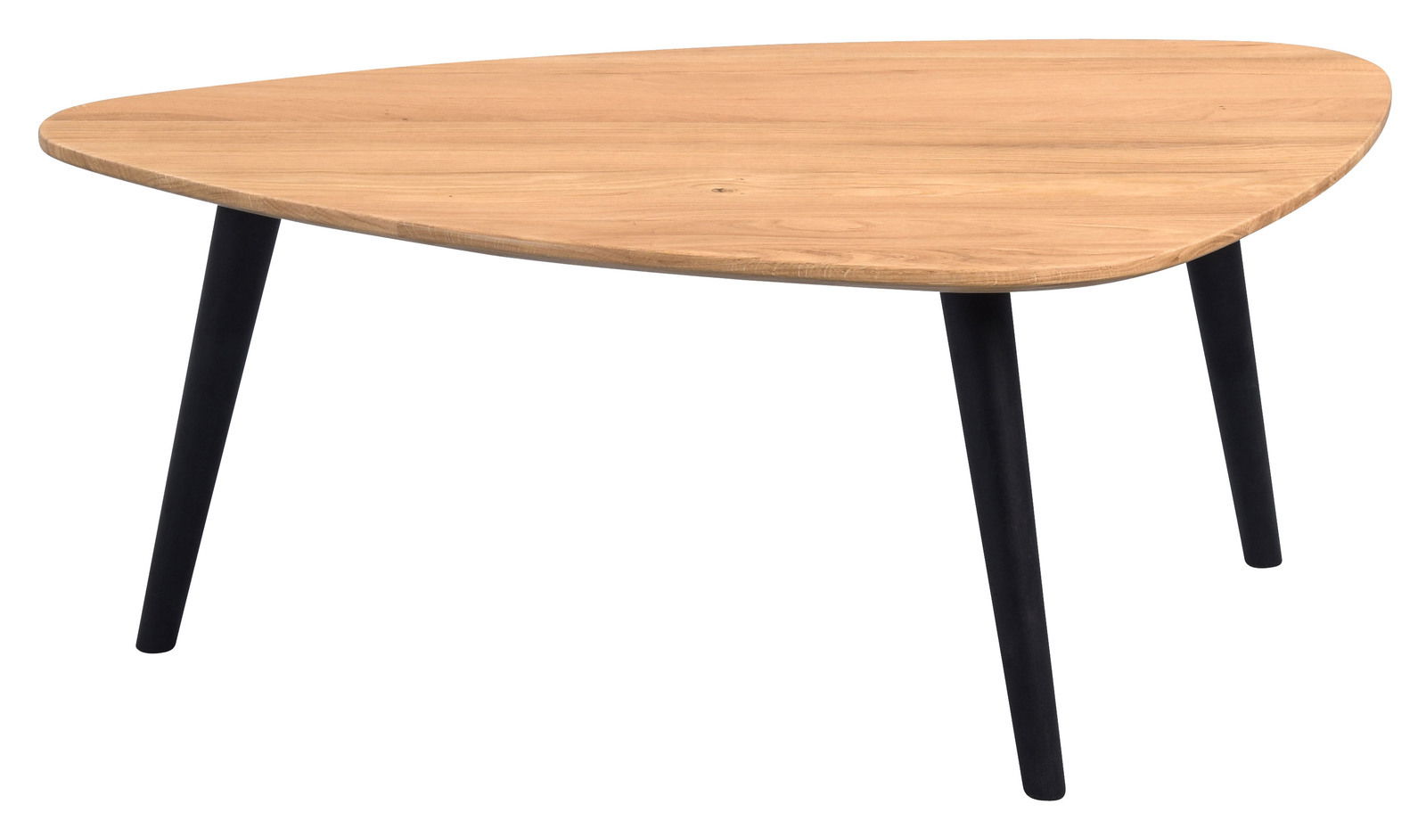 Moderner Couchtisch mit dreieckiger Holzplatte und schwarzen Beinen, seitliche Perspektive