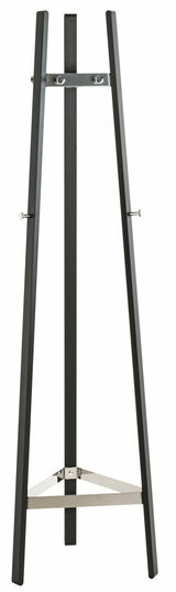 Moderner Garderobenständer aus Metall in schwarzer Farbe, frontal abgebildet.