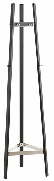 Moderner Garderobenständer aus Metall in schwarzer Farbe, frontal abgebildet.