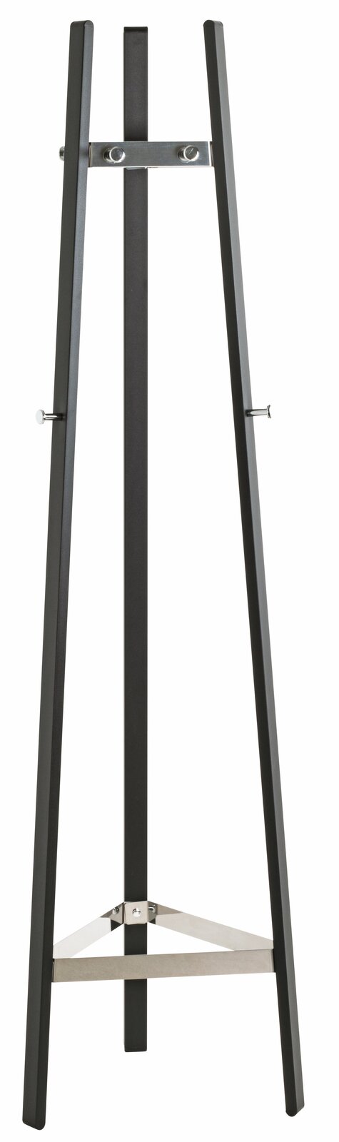 Moderner Garderobenständer aus Metall in schwarzer Farbe, frontal abgebildet.