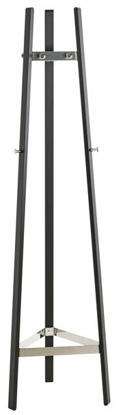 Moderner Garderobenständer aus Metall in schwarzer Farbe, frontal abgebildet.