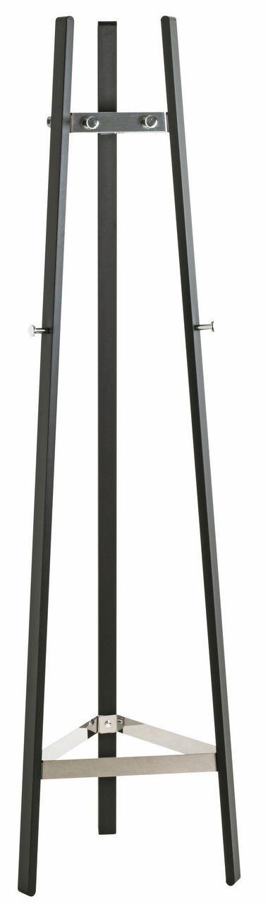 Moderner Garderobenständer aus Metall in schwarzer Farbe, frontal abgebildet.