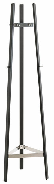 Moderner Garderobenständer aus Metall in schwarzer Farbe, frontal abgebildet.