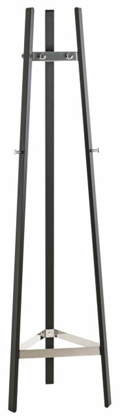 Moderner Garderobenständer aus Metall in schwarzer Farbe, frontal abgebildet.