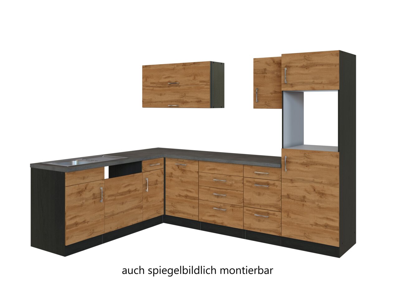 Eck-Küchenzeile in Holzoptik mit dunklen Akzenten, bestehend aus Unterschränken, Hängeschrank und Hochschrank, perspektivisch von vorne links betrachtet.