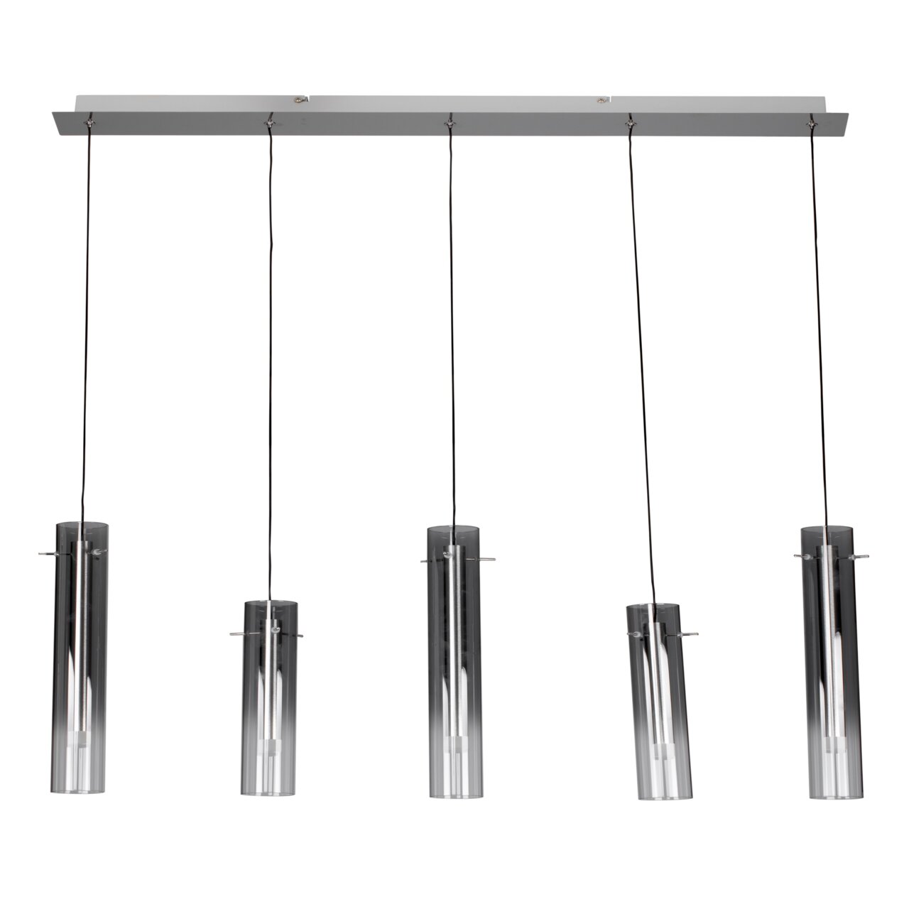 Moderne LED-hanglamp met vijf cilindervormige metalen lampenkappen, opgehangen aan dunne kabels, gezien vanaf de voorkant.
