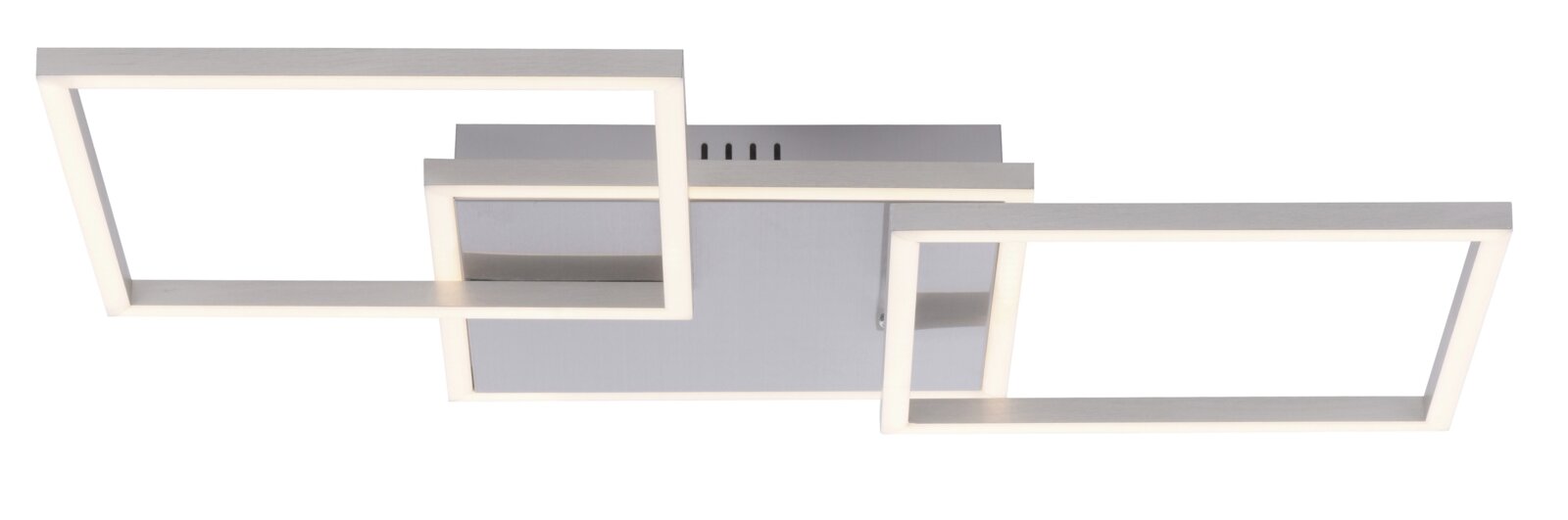 Moderne LED-Deckenleuchte in Silber mit drei rechteckigen, überlappenden Leuchtrahmen, frontal von unten auf weißem Hintergrund fotografiert.