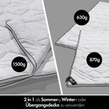 Bettdecke 4 Jahreszeiten, 2 in 1 Design, geeignet für Sommer, Winter und Übergangszeiten, mit Gewichten von 1500g, 870g und 630g, perspektivische Ansicht von oben