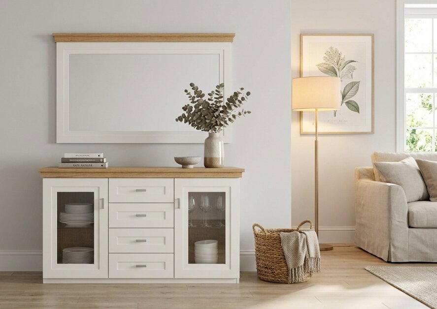 Weißes Sideboard im Landhausstil mit naturfarbener Holzplatte, zwei Glastüren und vier Schubladen, frontal in einem hellen Wohnzimmer inszeniert