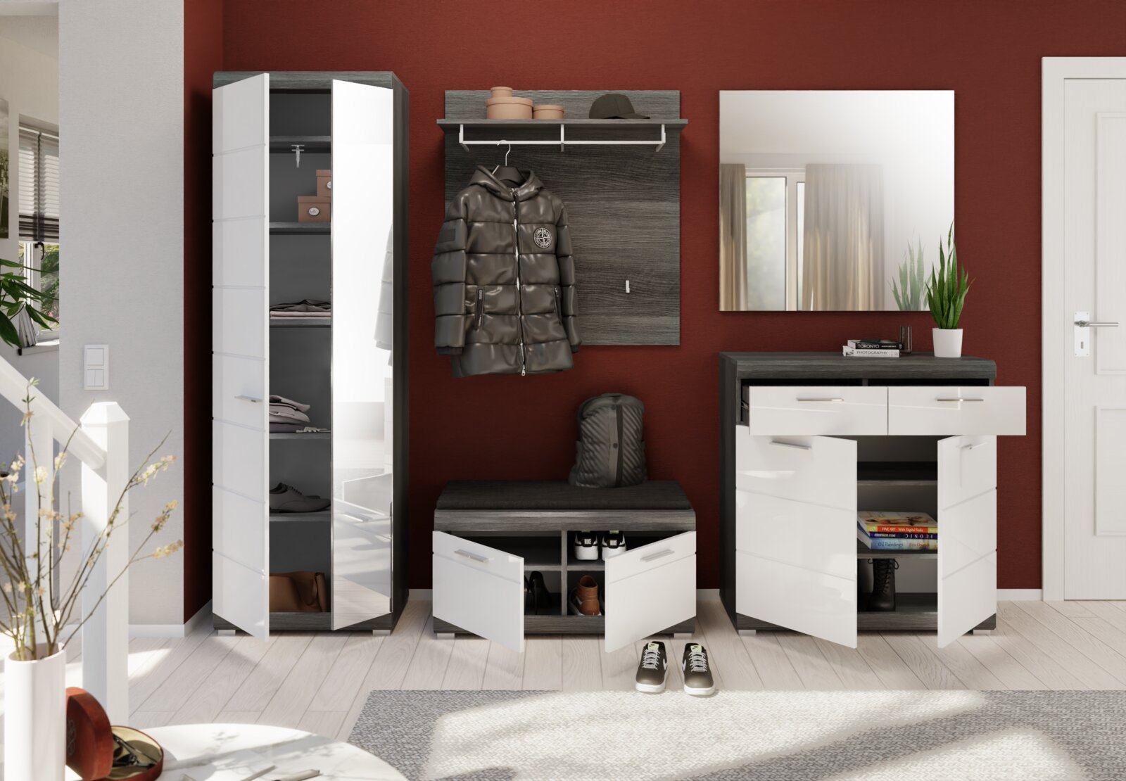 Frontale Ansicht eines modernen Flurmöbel-Sets in Weiß und Dunkelgrau mit Garderobenschrank, Wandpaneel mit Haken, Sitzbank mit Stauraum, Kommode und Wandspiegel; Schrank- und Kommodentüren sowie Schubladen geöffnet.