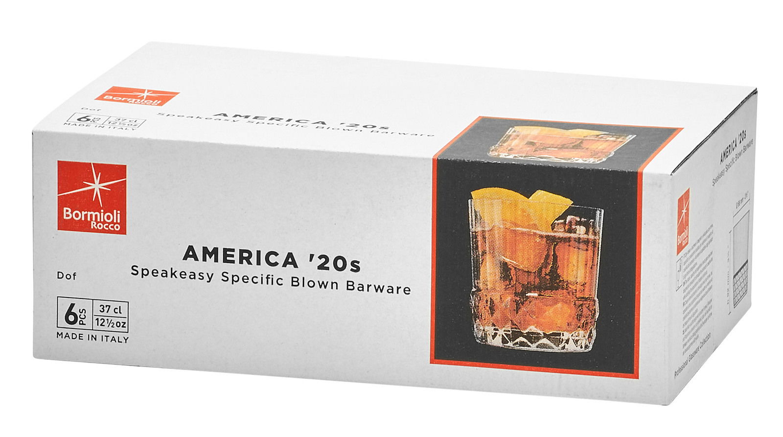 Verpackung des Whiskyglas America 6er-Sets von Bormioli Rocco, schräg von vorne fotografiert, zeigt ein Glas mit Getränk und Eiswürfeln.