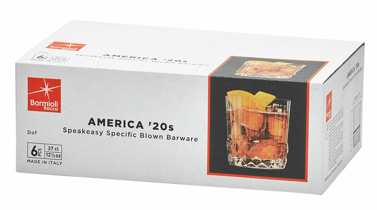 Bormioli Rocco Whiskygläser 6er-Set AMERICA Verpackung des Whiskyglas America 6er-Sets von Bormioli Rocco, schräg von vorne fotografiert, zeigt ein Glas mit Getränk und Eiswürfeln.