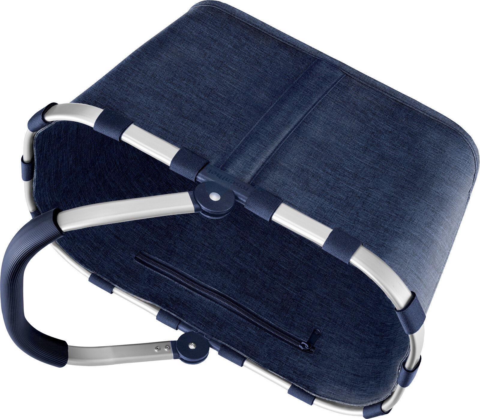 Dunkelblaue Picknicktasche mit Aluminiumrahmen, Reißverschlussfach und Tragegriff, schräg von oben fotografiert