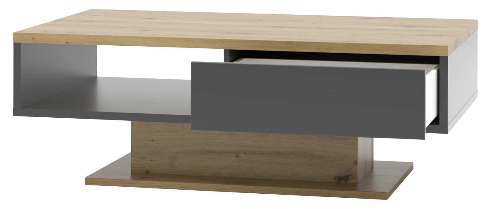 Moderner Couchtisch mit Holz- und Grautönen, Schublade geöffnet, seitliche Perspektive