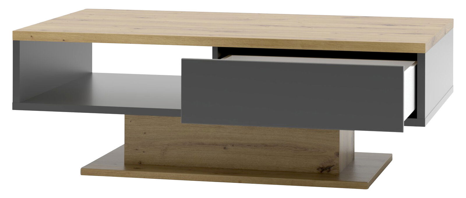Moderner Couchtisch mit Holz- und Grautönen, Schublade geöffnet, seitliche Perspektive