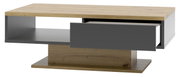 Moderner Couchtisch mit Holz- und Grautönen, Schublade geöffnet, seitliche Perspektive