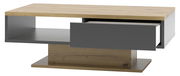 Moderner Couchtisch mit Holz- und Grautönen, Schublade geöffnet, seitliche Perspektive