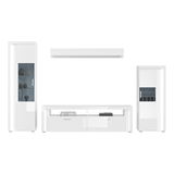 Moderne Wohnkombination in Weiß mit zwei Vitrinen und einem TV-Board, frontal betrachtet.