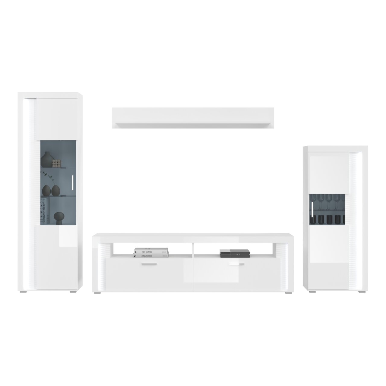 Moderne Wohnkombination in Weiß mit zwei Vitrinen und einem TV-Board, frontal betrachtet.
