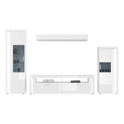 Moderne Wohnkombination in Weiß mit zwei Vitrinen und einem TV-Board, frontal betrachtet.