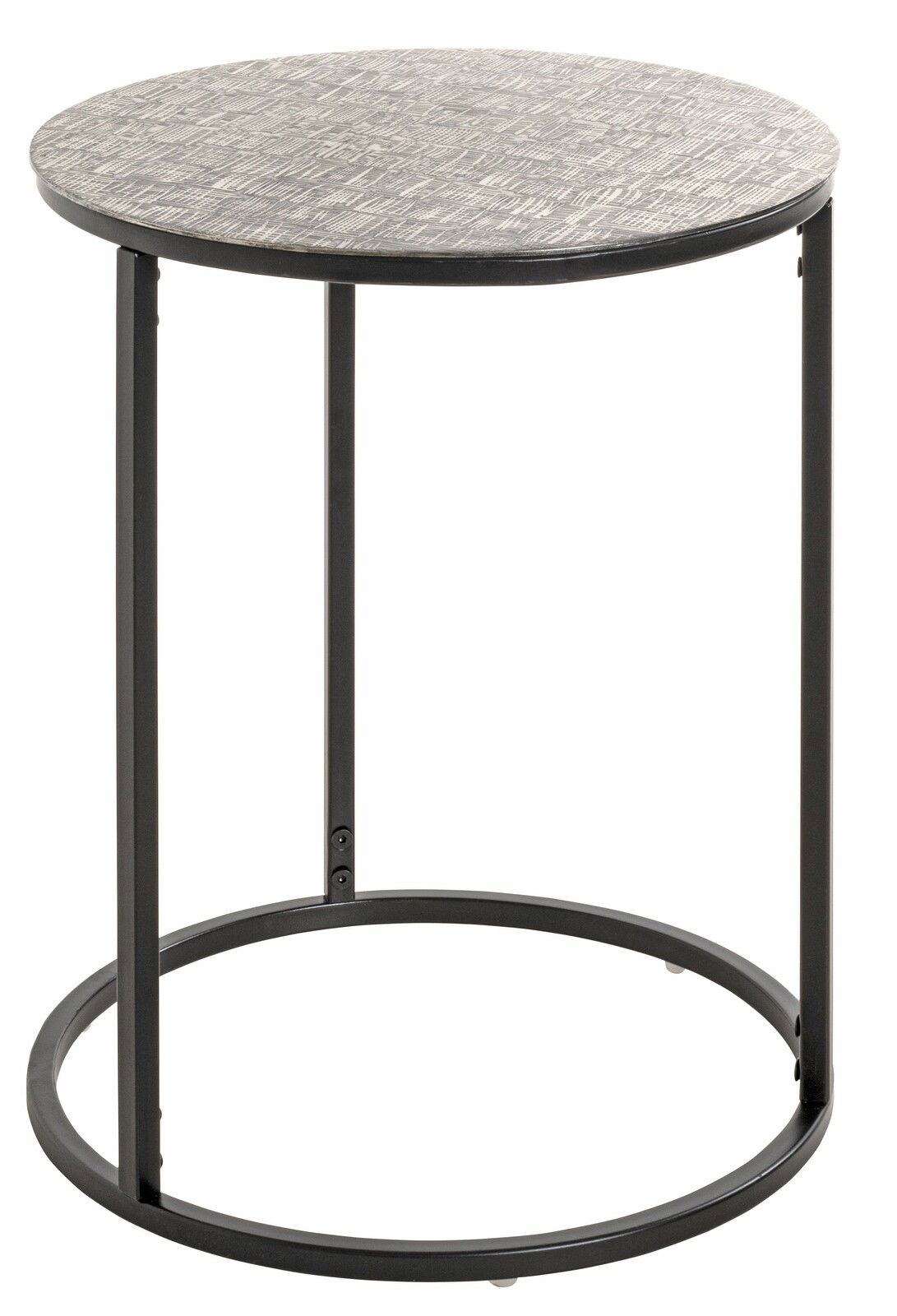Runder Beistelltisch mit schwarzem Metallgestell und grauer Tischplatte, seitliche Perspektive