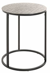 Runder Beistelltisch mit schwarzem Metallgestell und grauer Tischplatte, seitliche Perspektive