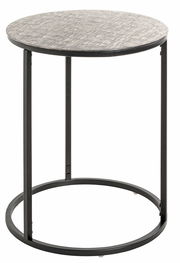 Runder Beistelltisch mit schwarzem Metallgestell und grauer Tischplatte, seitliche Perspektive