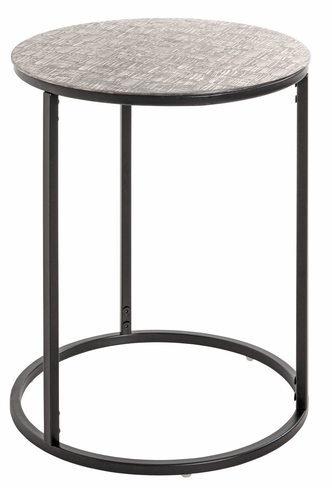 Runder Beistelltisch mit schwarzem Metallgestell und grauer Tischplatte, seitliche Perspektive