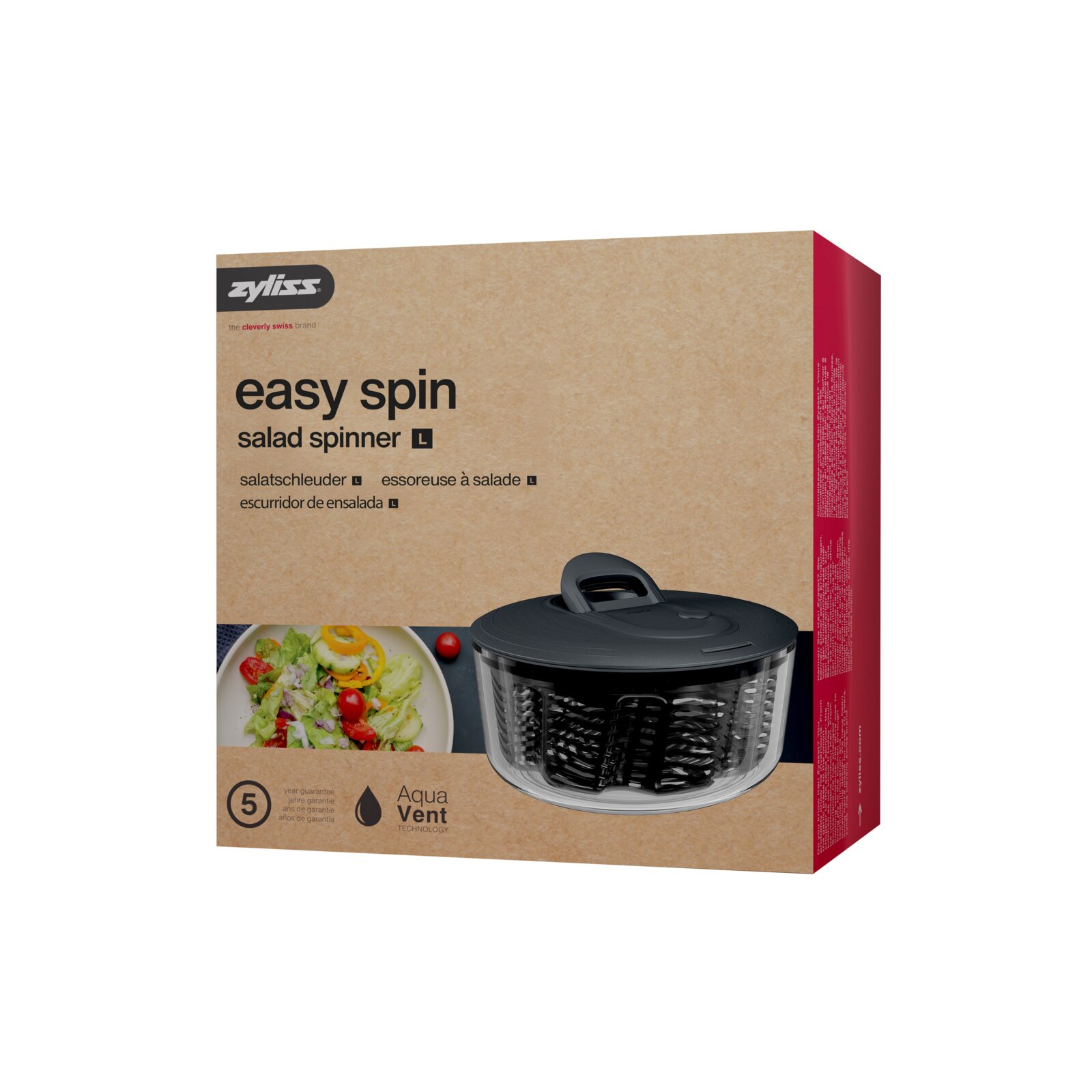Zyliss Easy Spin slacentrifuge (maat L) in verpakking, driekwart vooraanzicht met zicht op de zwarte deksel en transparante kom