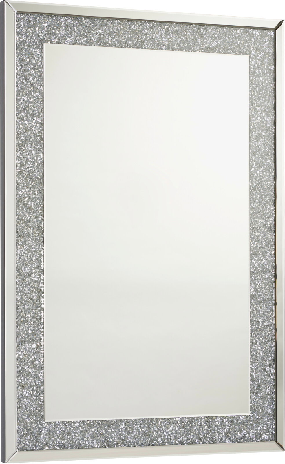Rechteckiger Spiegel mit glitzerndem Rahmen, perspektivisch von der Seite gezeigt.