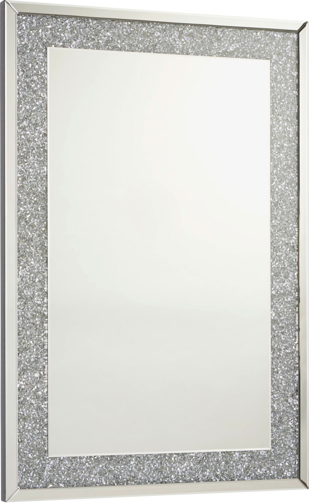 Rechteckiger Spiegel mit glitzerndem Rahmen, perspektivisch von der Seite gezeigt.