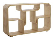 Modernes Standregal aus Holz mit geschwungenen Kanten, seitliche Perspektive