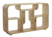 Modernes Standregal aus Holz mit geschwungenen Kanten, seitliche Perspektive