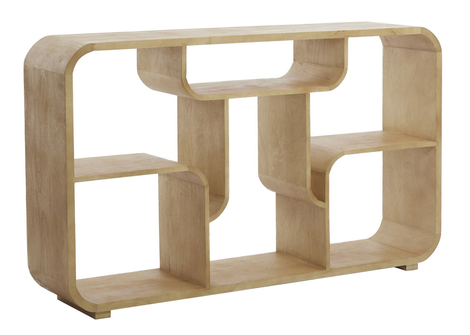 Modernes Standregal aus Holz mit geschwungenen Kanten, seitliche Perspektive