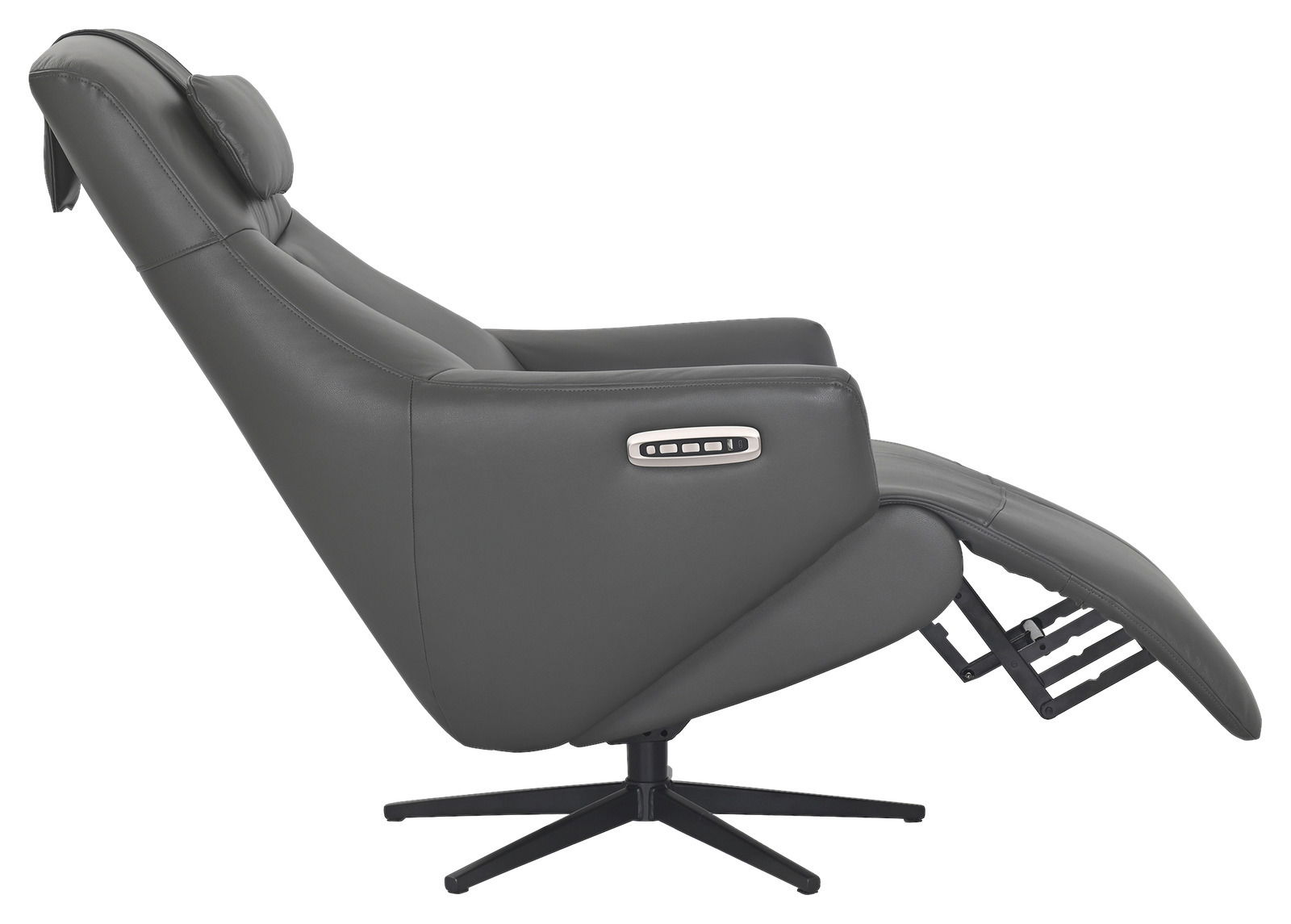 Seitliche Ansicht eines grauen Relaxsessels mit verstellbarer Rückenlehne und Fußstütze, auf einem drehbaren Standfuß.