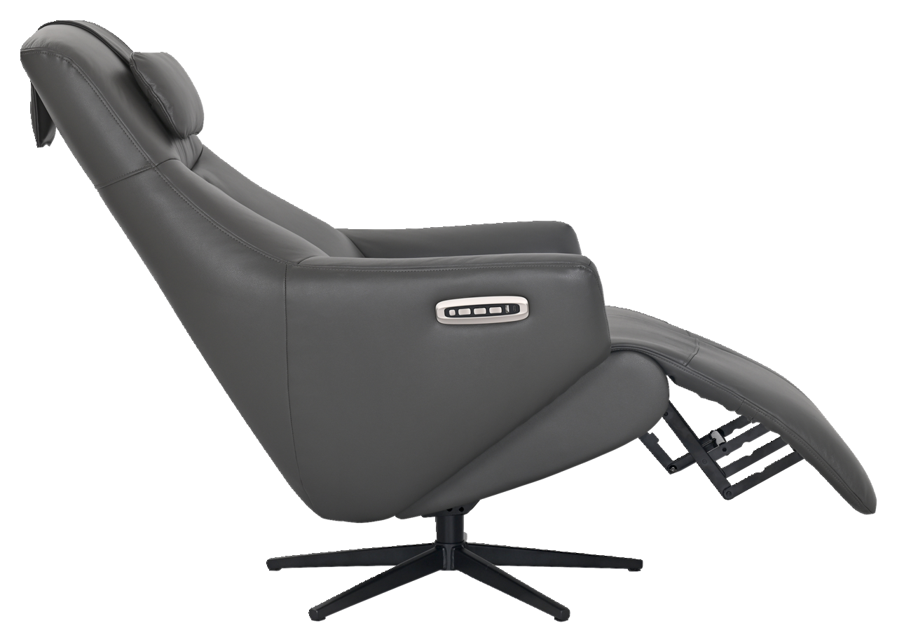 XORA Relaxsessel OSLO Seitliche Ansicht eines grauen Relaxsessels mit verstellbarer Rückenlehne und Fußstütze, auf einem drehbaren Standfuß.