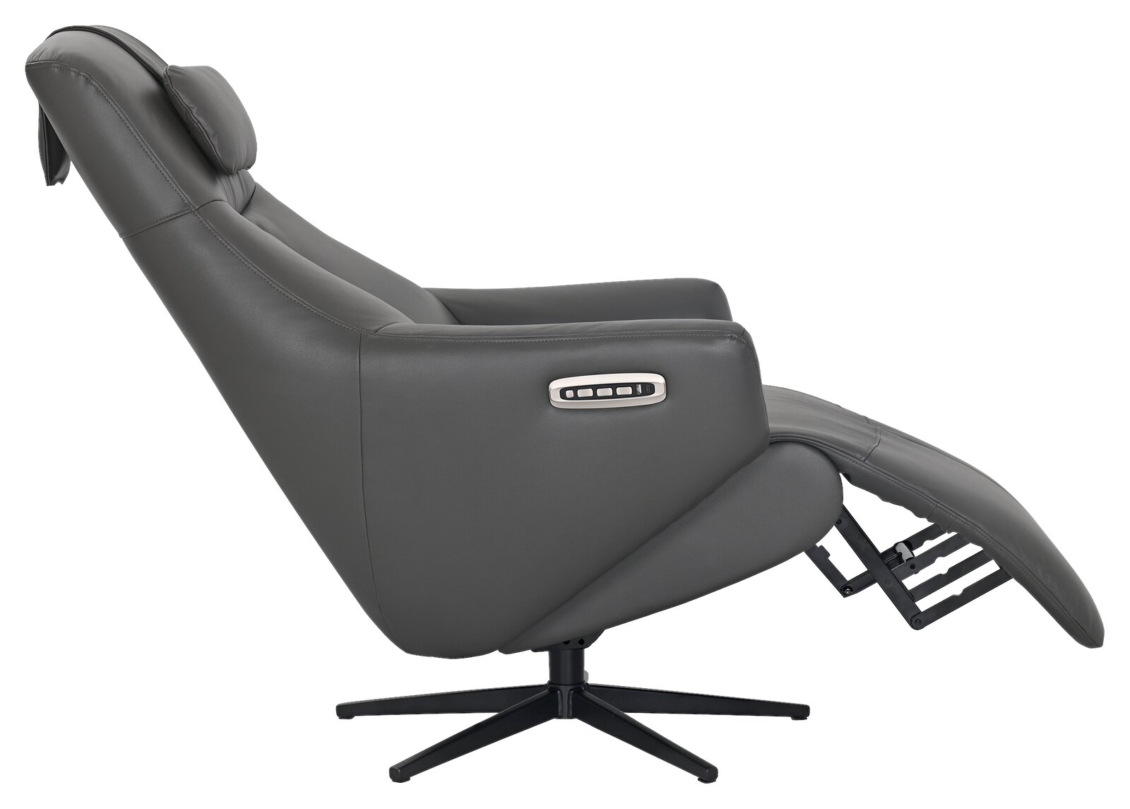 Seitliche Ansicht eines grauen Relaxsessels mit verstellbarer Rückenlehne und Fußstütze, auf einem drehbaren Standfuß.