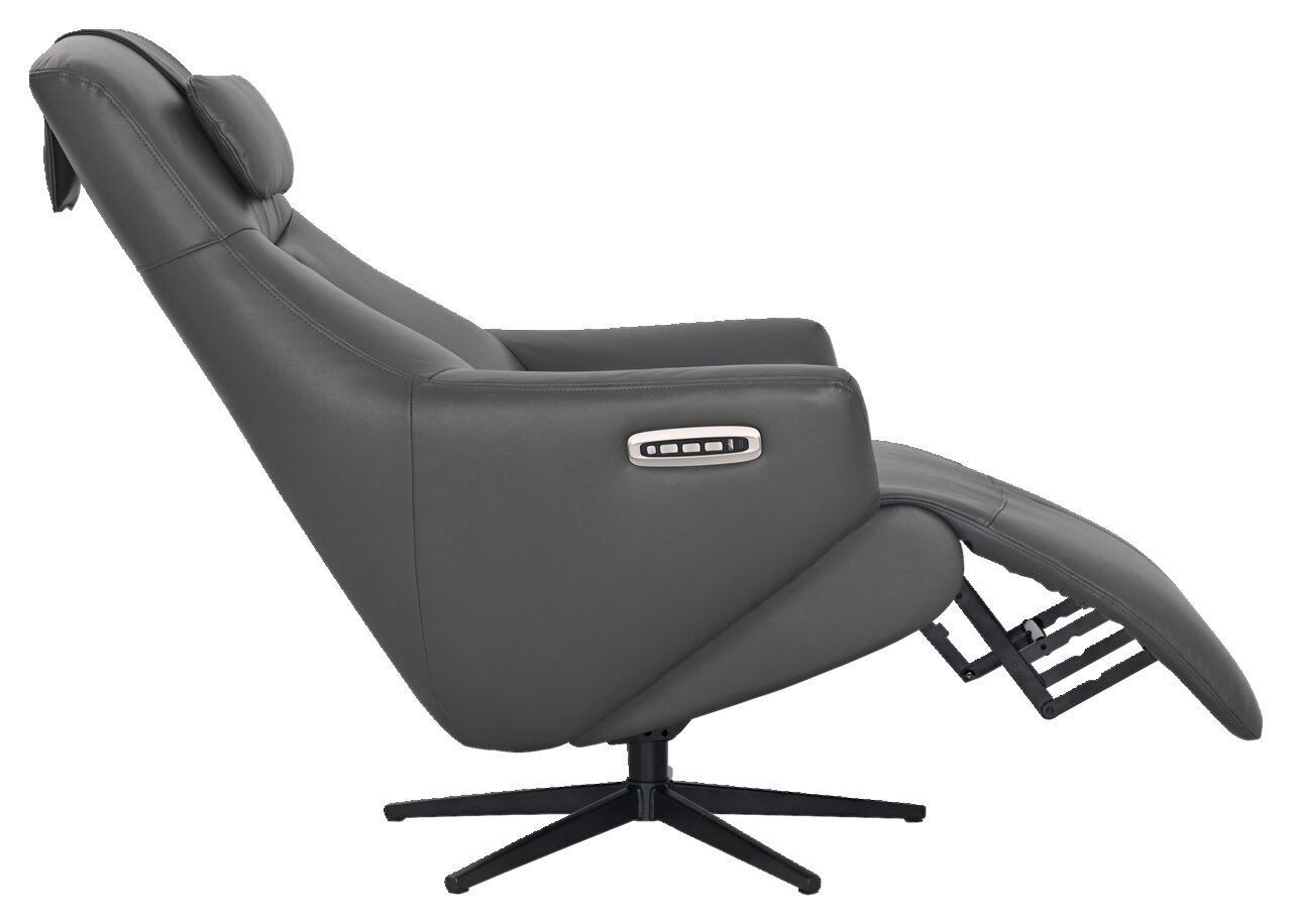 XORA Relaxsessel OSLO Seitliche Ansicht eines grauen Relaxsessels mit verstellbarer Rückenlehne und Fußstütze, auf einem drehbaren Standfuß.