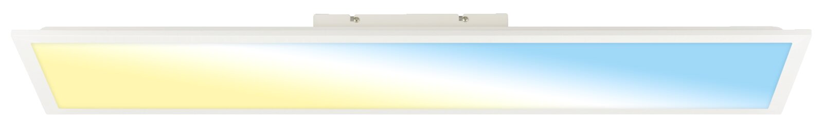 Rechteckige LED-Deckenleuchte/Panel in Weiß mit farbigem Lichtverlauf von warmgelb zu blau, Ansicht von unten (Untersicht) vor weißem Hintergrund