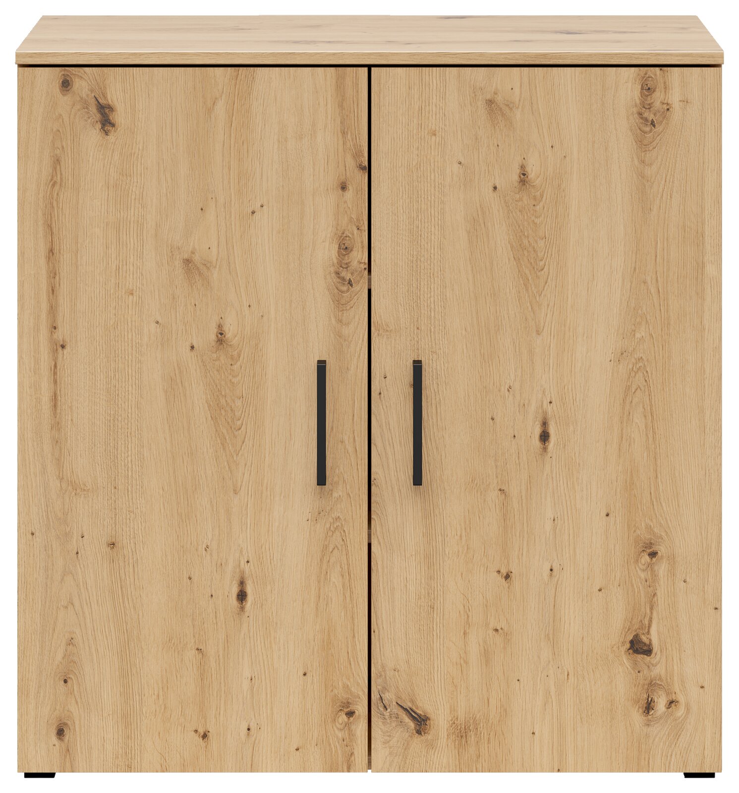 Kommode aus Holz mit zwei Türen und schwarzen Griffen, Frontalansicht