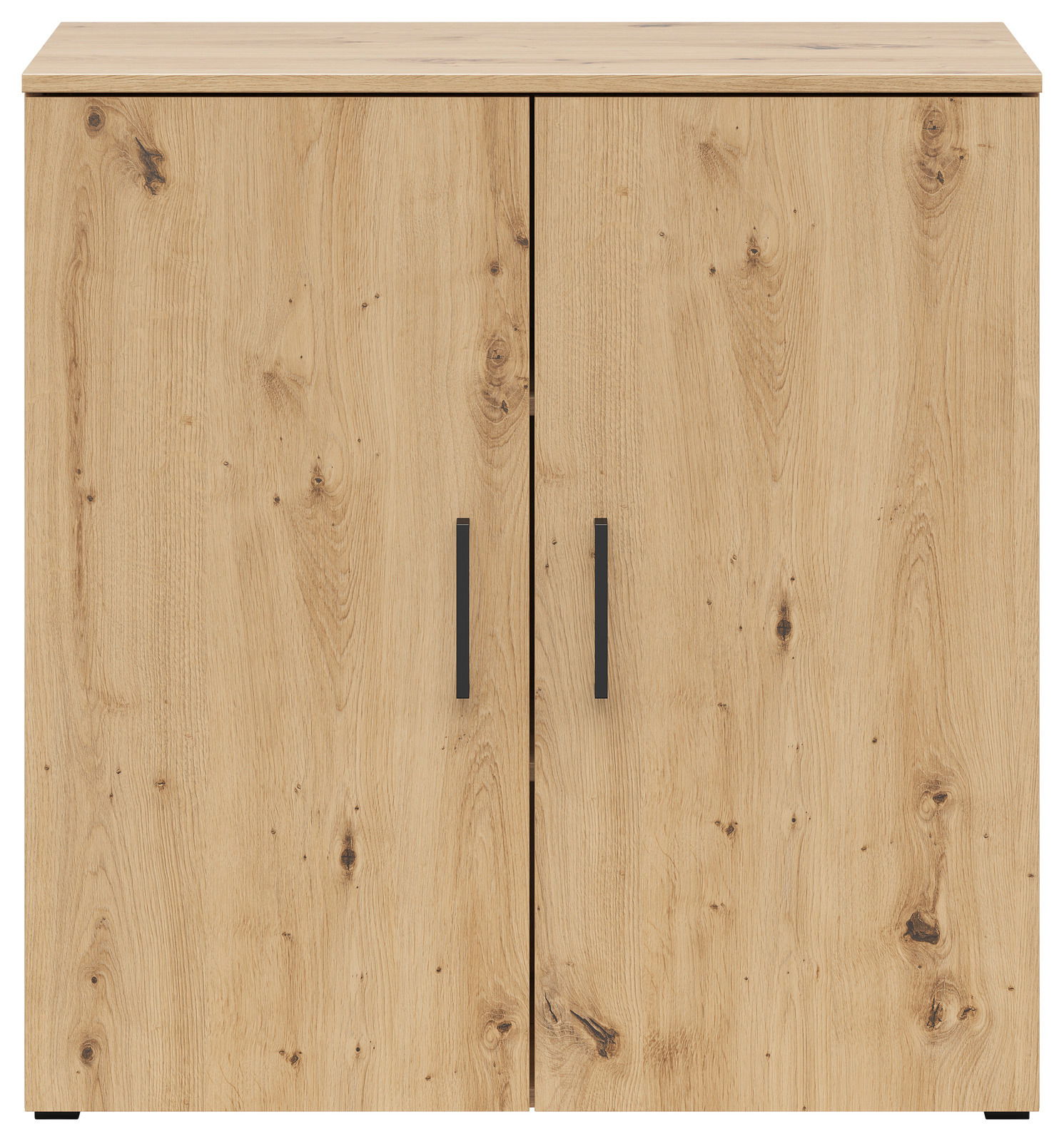 Kommode aus Holz mit zwei Türen und schwarzen Griffen, Frontalansicht