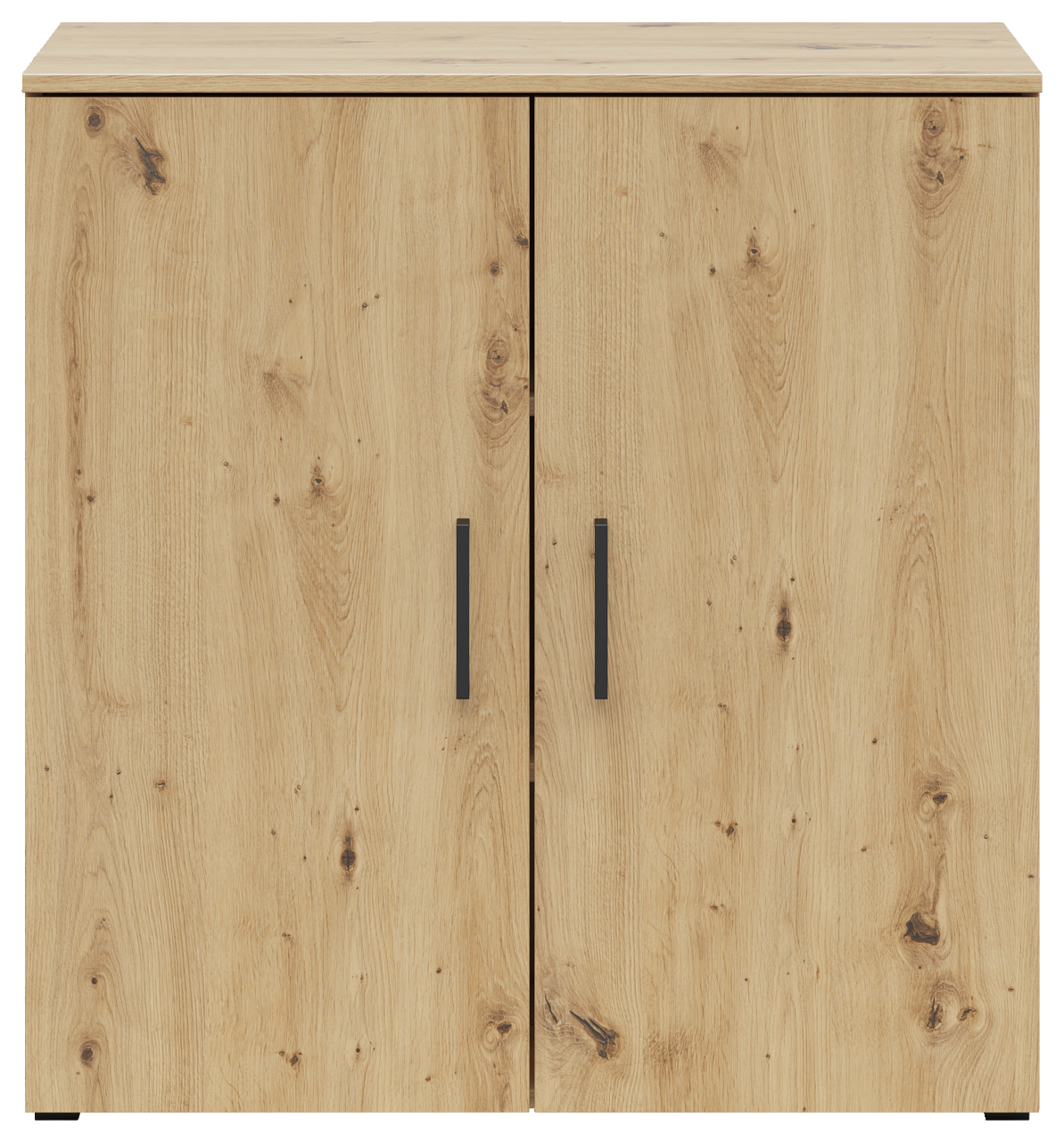 Kommode aus Holz mit zwei Türen und schwarzen Griffen, Frontalansicht