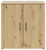 Kommode aus Holz mit zwei Türen und schwarzen Griffen, Frontalansicht