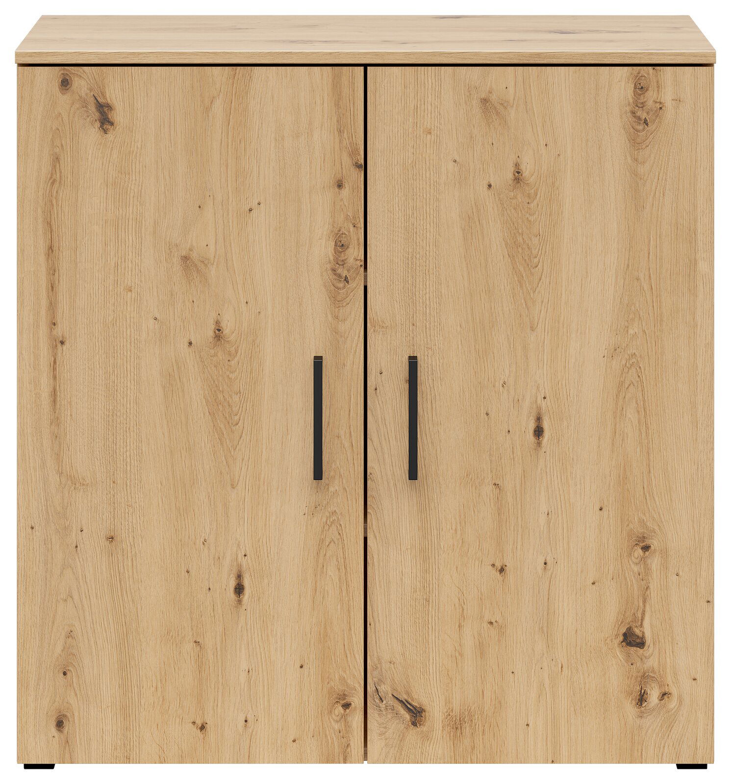 Kommode aus Holz mit zwei Türen und schwarzen Griffen, Frontalansicht