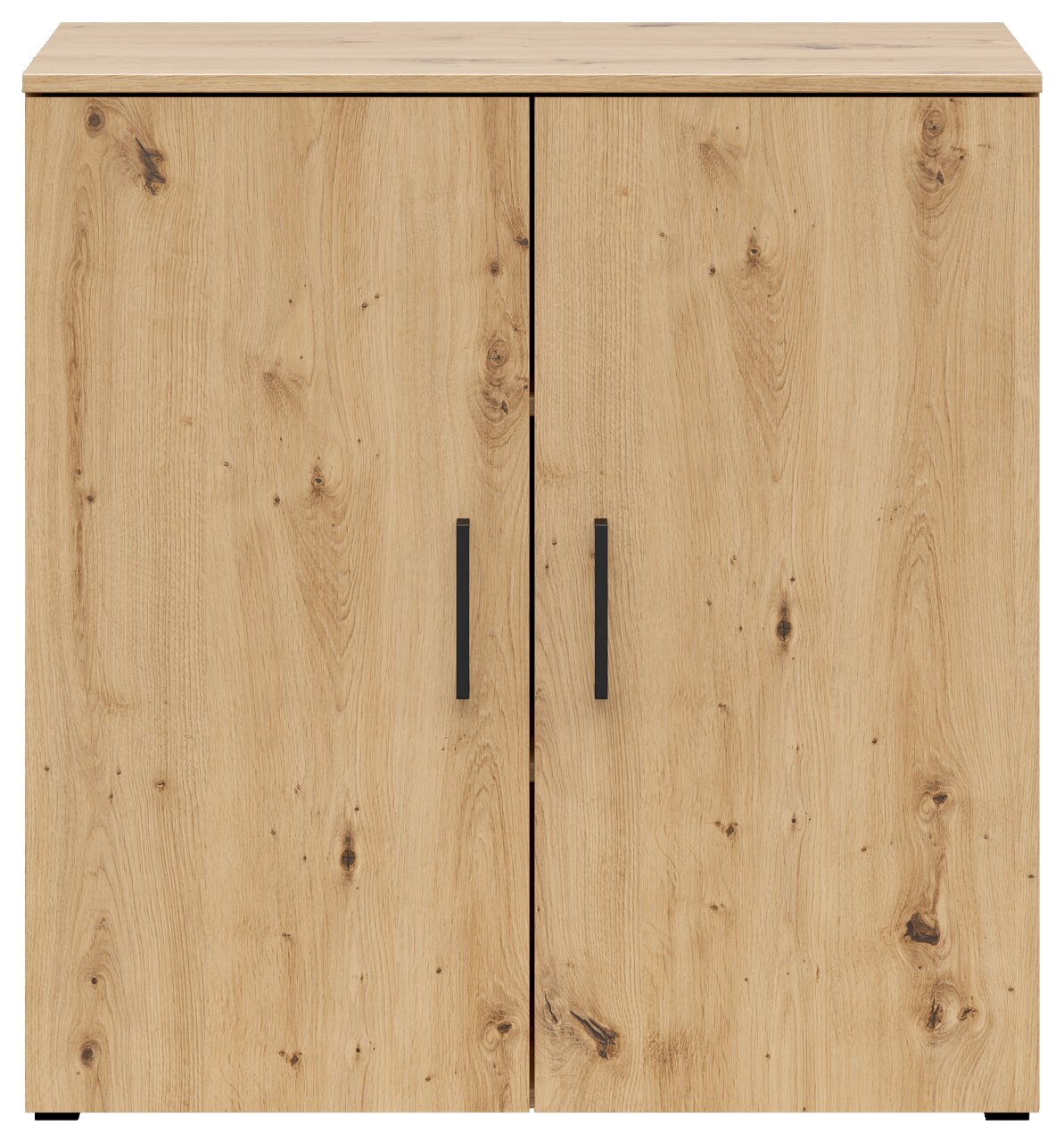 Kommode aus Holz mit zwei Türen und schwarzen Griffen, Frontalansicht
