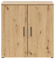 Kommode aus Holz mit zwei Türen und schwarzen Griffen, Frontalansicht