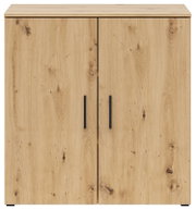Kommode aus Holz mit zwei Türen und schwarzen Griffen, Frontalansicht