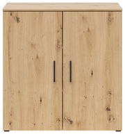 Kommode aus Holz mit zwei Türen und schwarzen Griffen, Frontalansicht