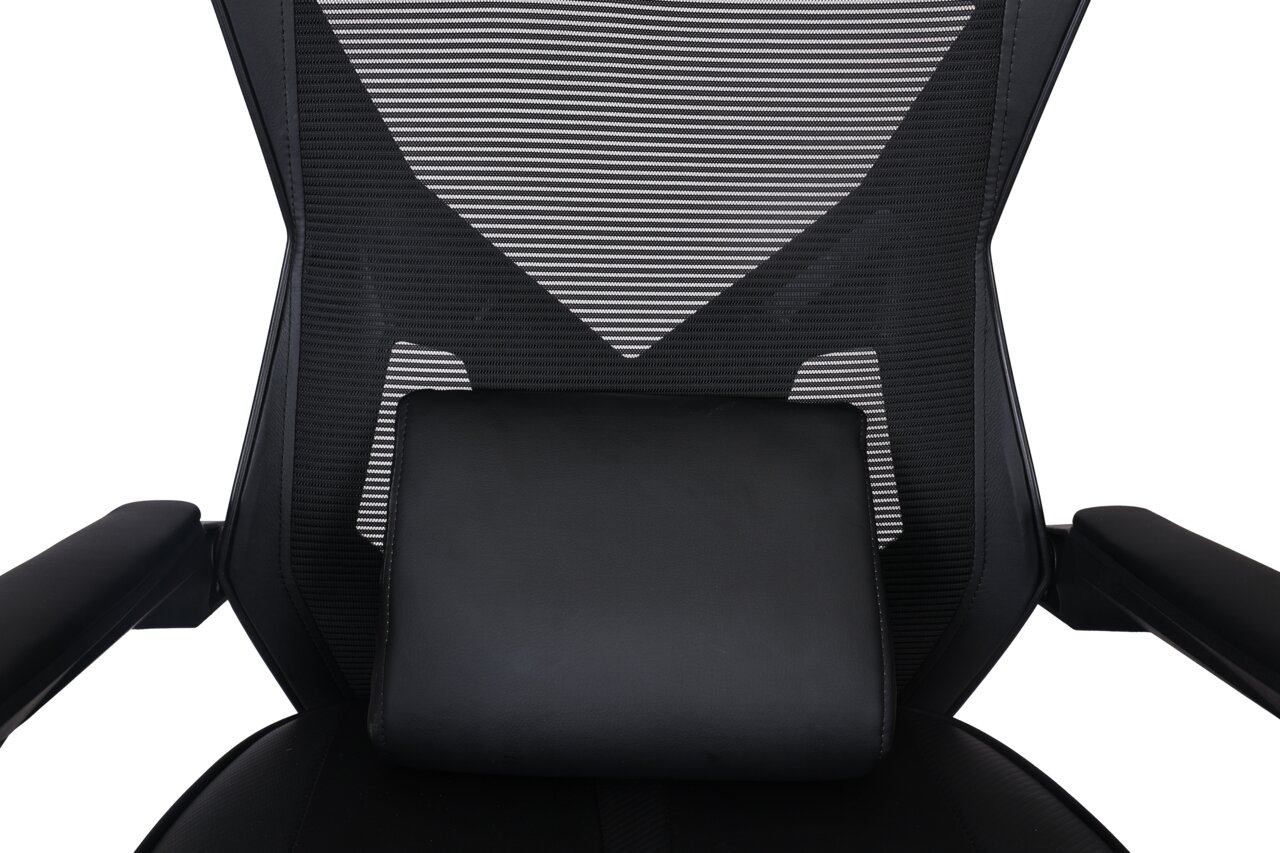 Vorderansicht eines Gaming Stuhls mit ergonomischer Rückenlehne und Lendenkissen.