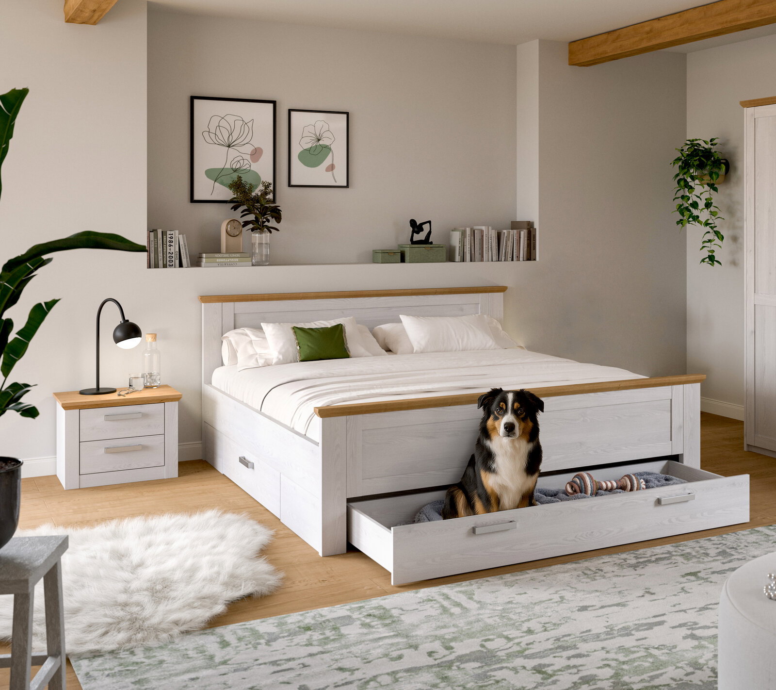 Weißes Holzbett im Landhausstil mit naturfarbenen Akzenten und ausgezogener Bettkasten-Schublade, in der ein Hund sitzt; Perspektive: frontale Ansicht leicht von links in einem hellen Schlafzimmer.